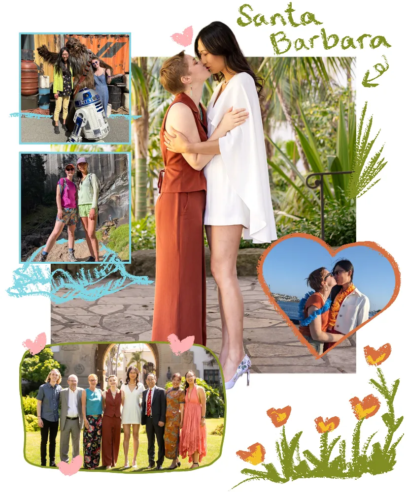 A California collage: Kat and Lara kissing among the palms in Santa Barbara, families together, hiking, and a day at the coast