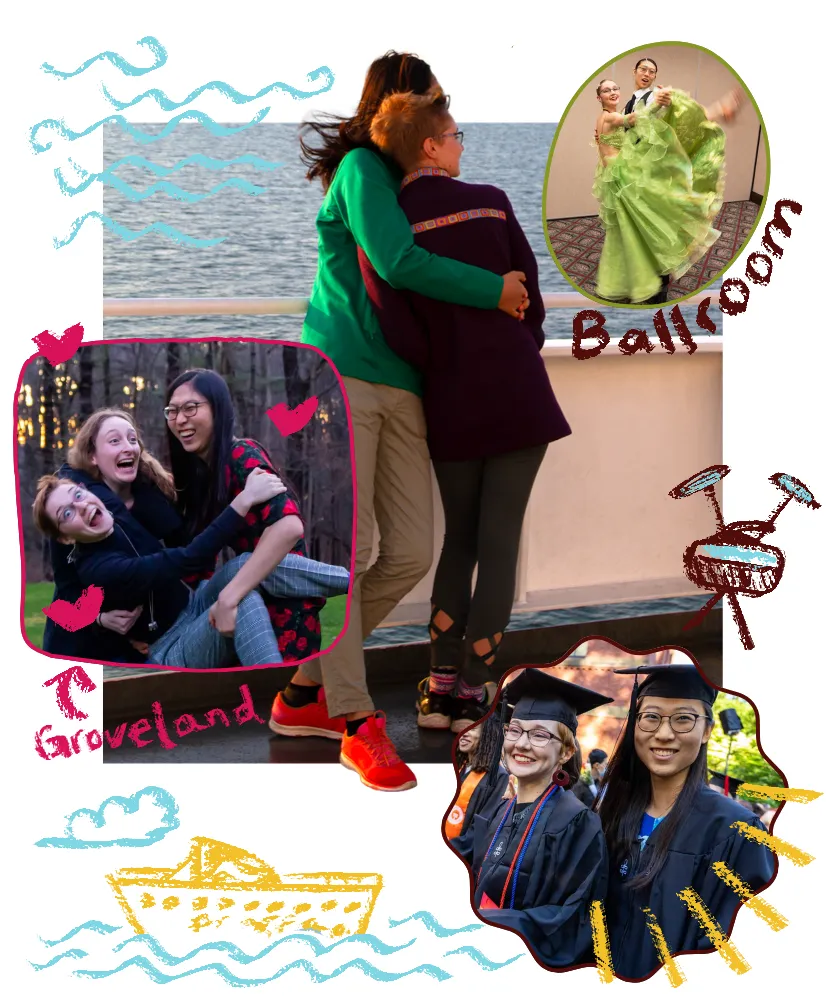 A collage from our college years: Kat and Lara on a ferry, ballroom dancing, us with Sophie, and the two of us in our graduation robes