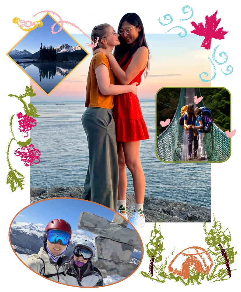 A British Columbia collage: Kat and Lara on the rocks at Lighthouse Park, Garibaldi Lake, a suspension bridge on a backpacking trip, and skiing together