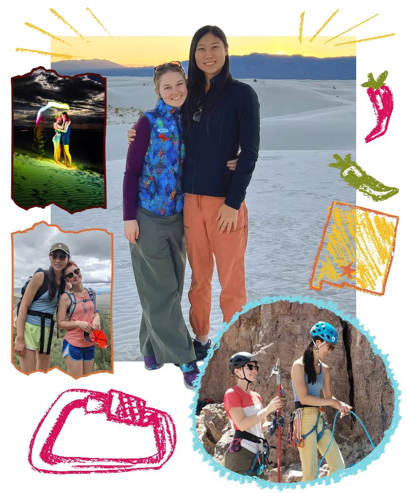 A New Mexico collage: Kat and Lara on the white gypsum dunes of White Sands, hiking, and rock climbing